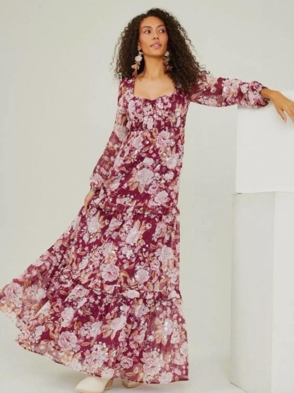 Floral Long-Sleeve Maxi Dress - Burgundy Floral